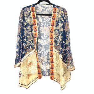 Soft Surroundings Open Front Ruana Wrap Top Womens Sz M Floral Print Embroidered